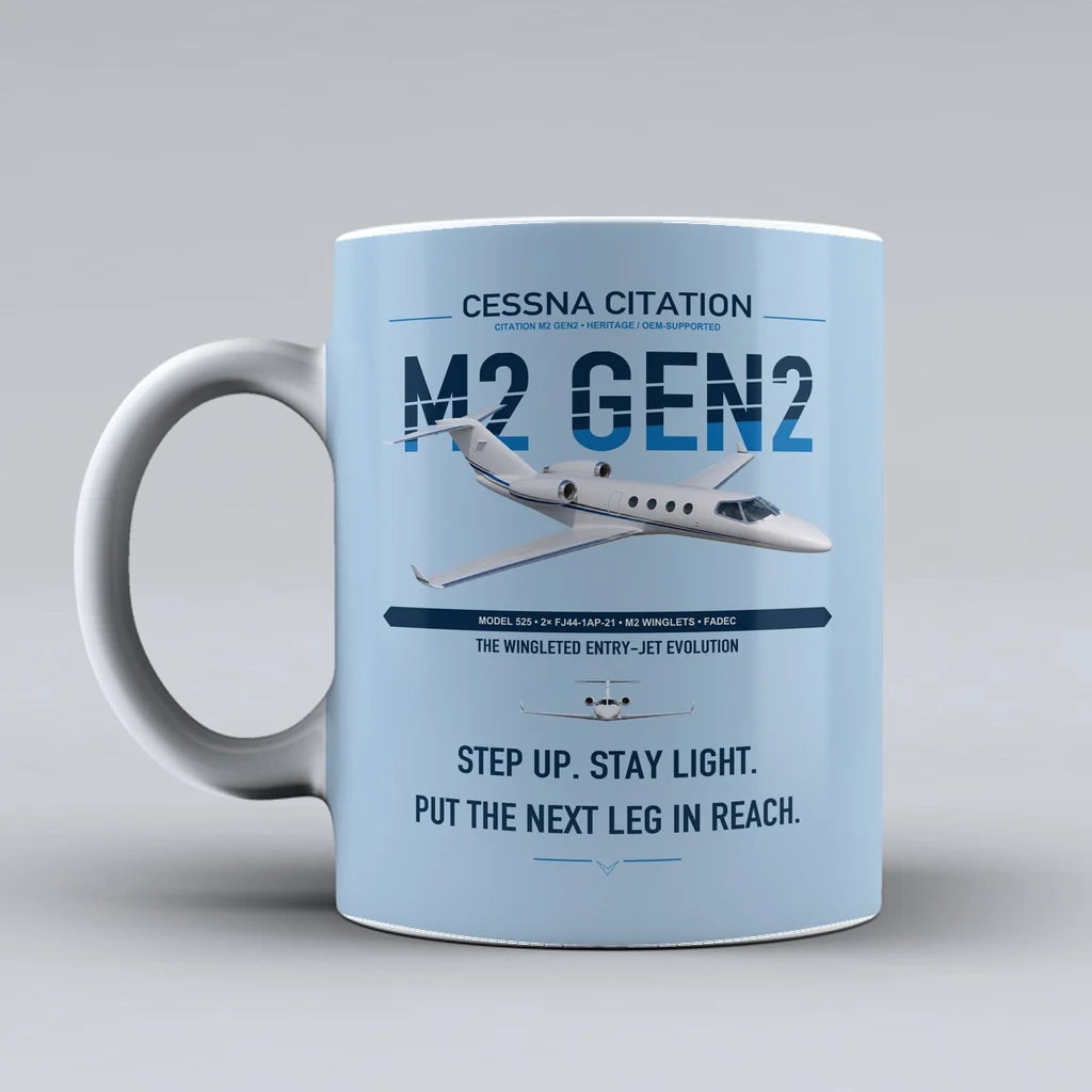 Cessna Citation M2 Gen2 design on light blue ceramic mug, double-side print