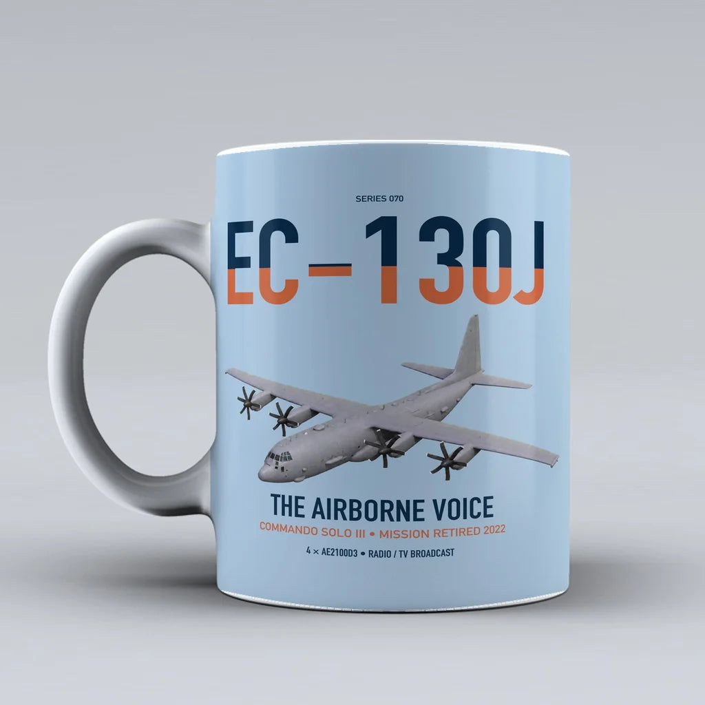 EC-130J Commando Solo III design on light blue ceramic mug, double-side print