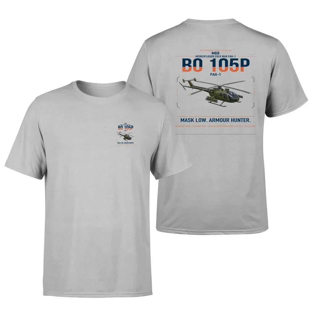 MBB BO 105P PAH-1 design on light gray t-shirt, double-side print