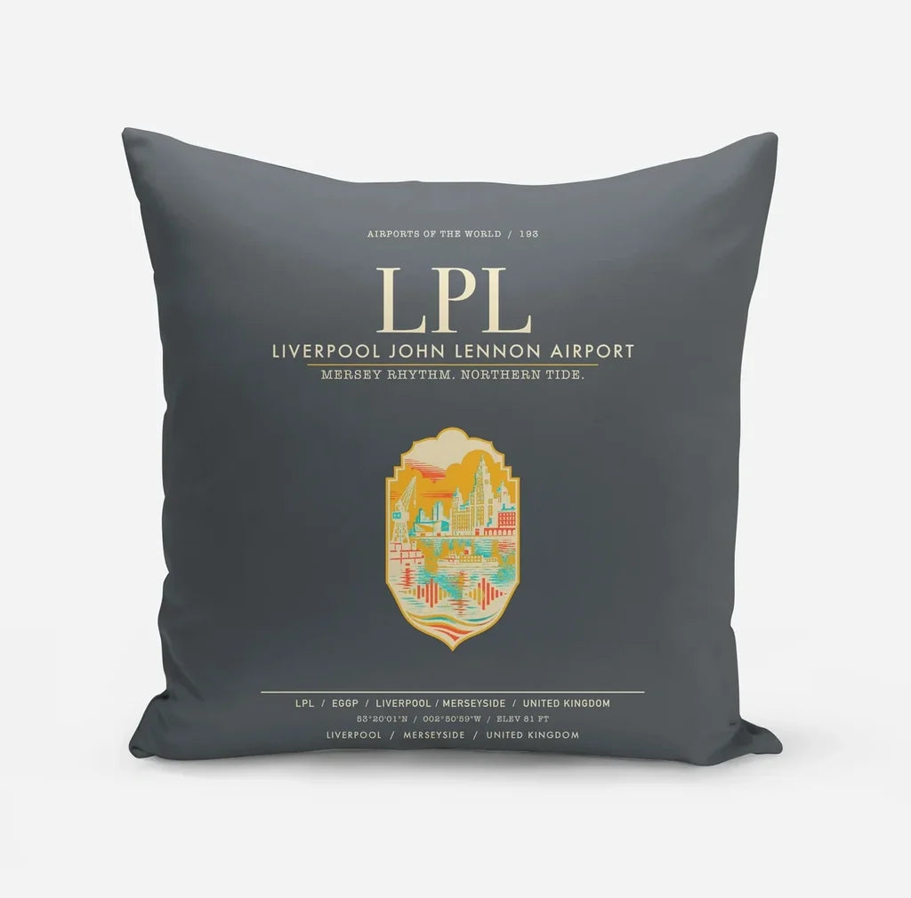 Liverpool John Lennon Airport (LPL) design on gray pillow