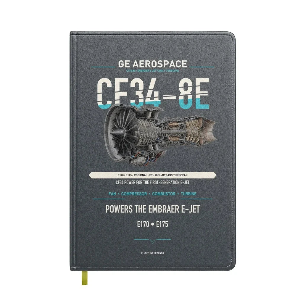 CF34-8E design on gray notebook