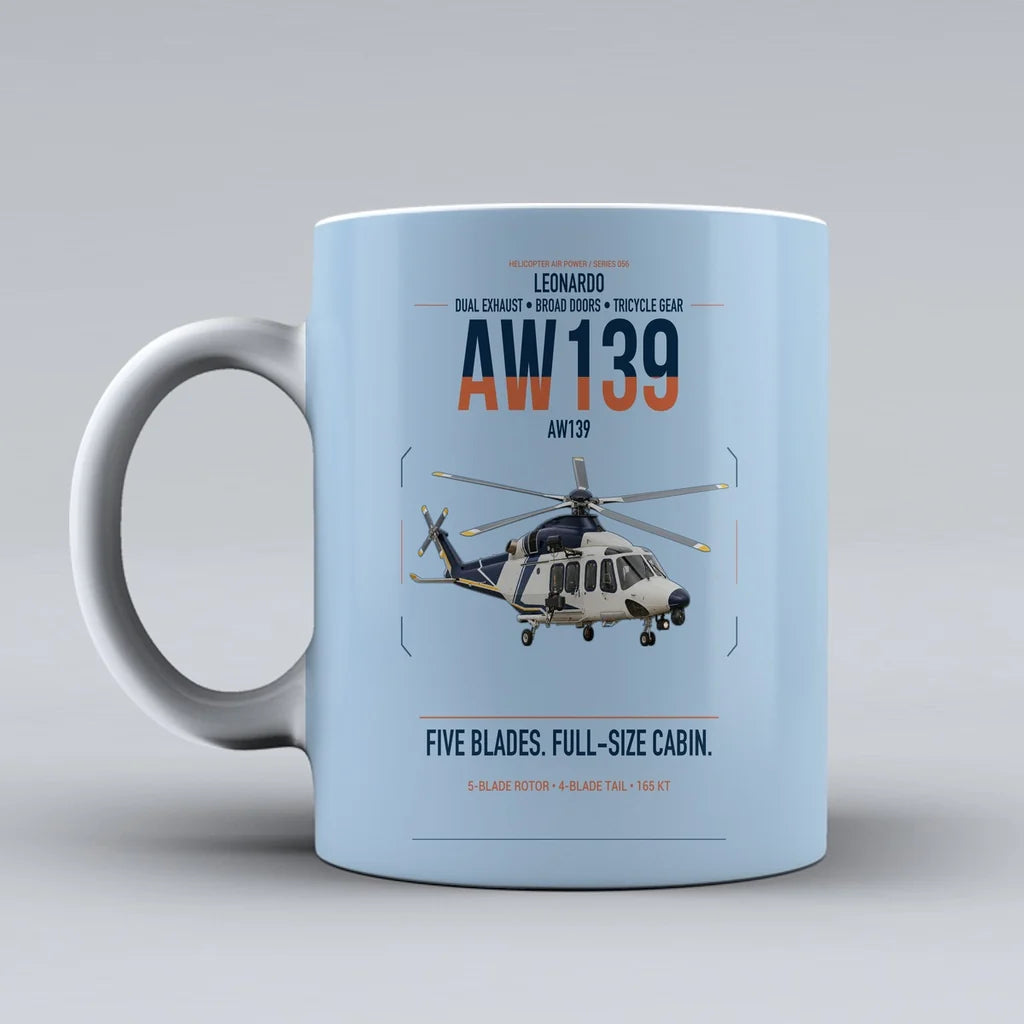 Leonardo AW139 design on light blue ceramic mug, double-side print