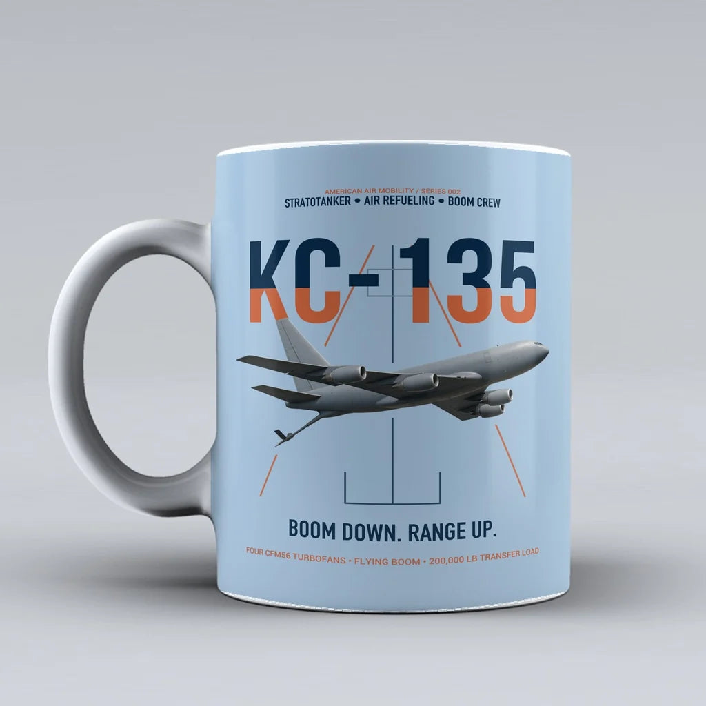 KC-135 STRATOTANKER design on light blue ceramic mug, double-side print