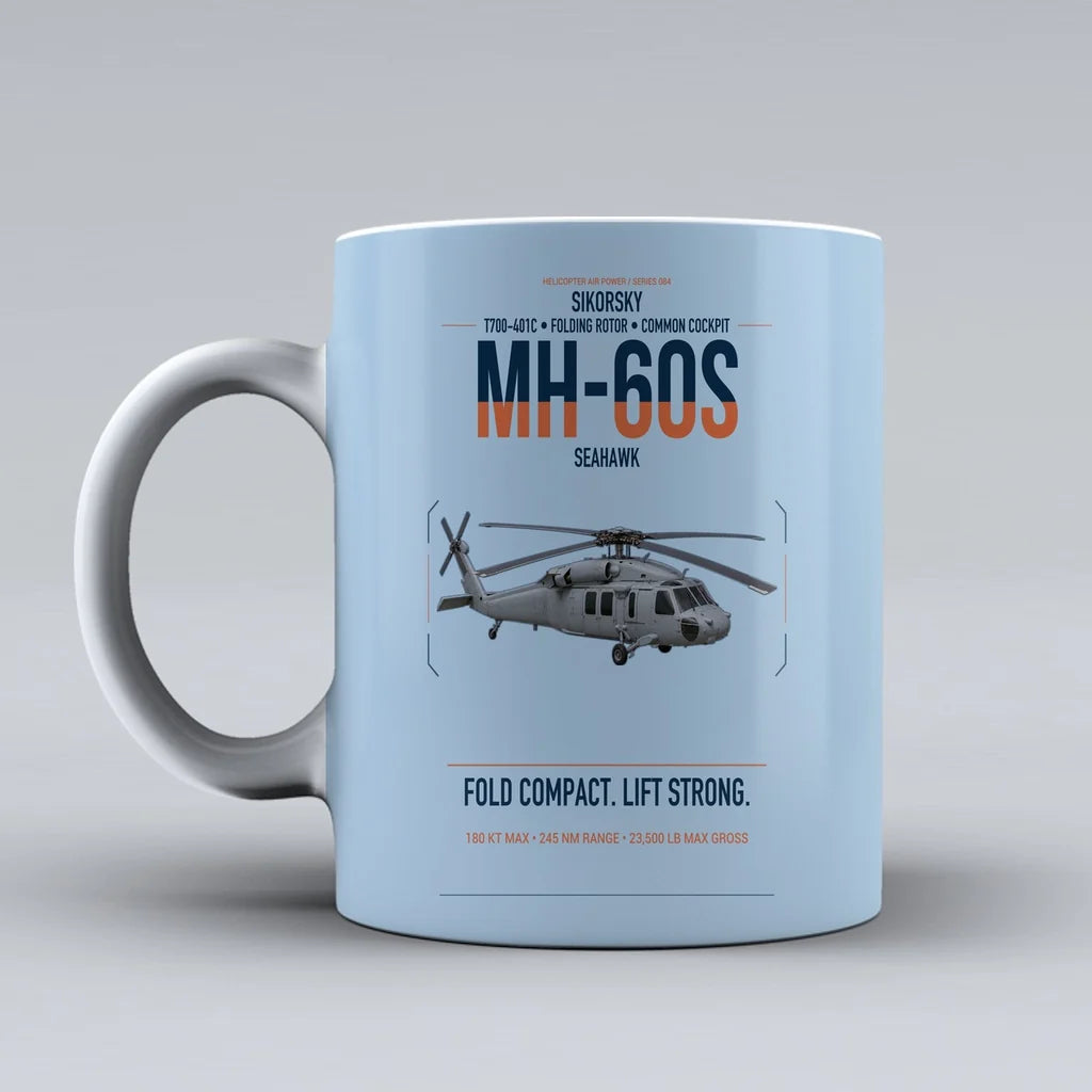 Sikorsky MH-60S Seahawk design on light blue ceramic mug, double-side print