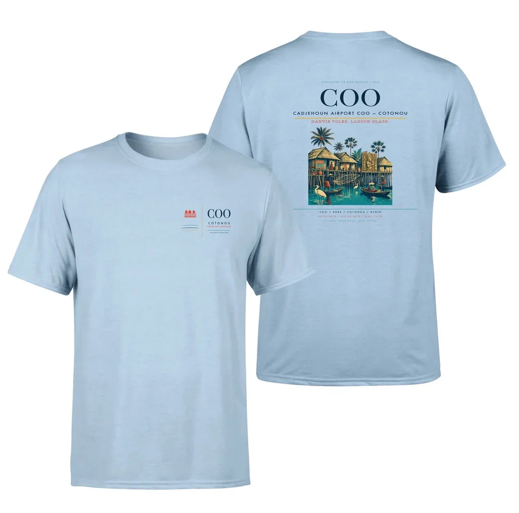 Cadjehoun Airport (COO) design printed on light blue double-side t-shirt