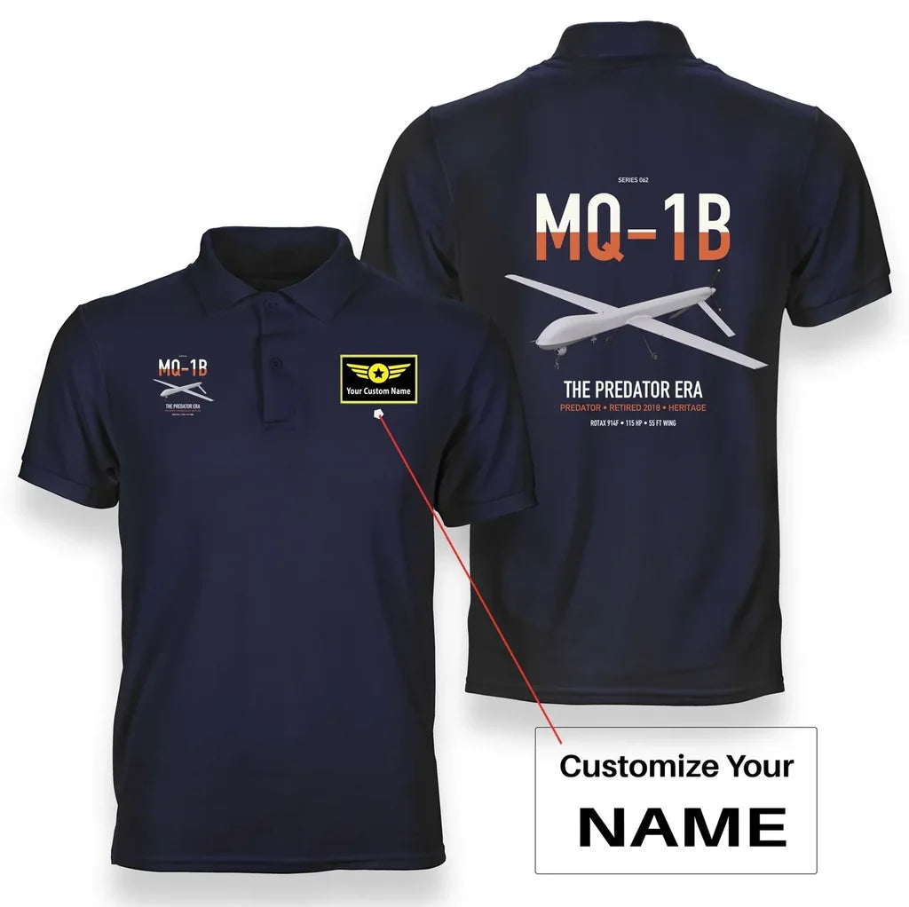 MQ-1B Predator design on navy blue+name double-side polo t-shirt, double-side print