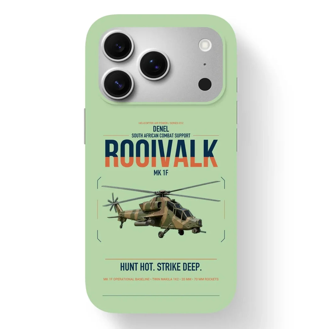 Denel Rooivalk Mk 1F design on light green magsafe iphone case, for iPhone 17 Pro