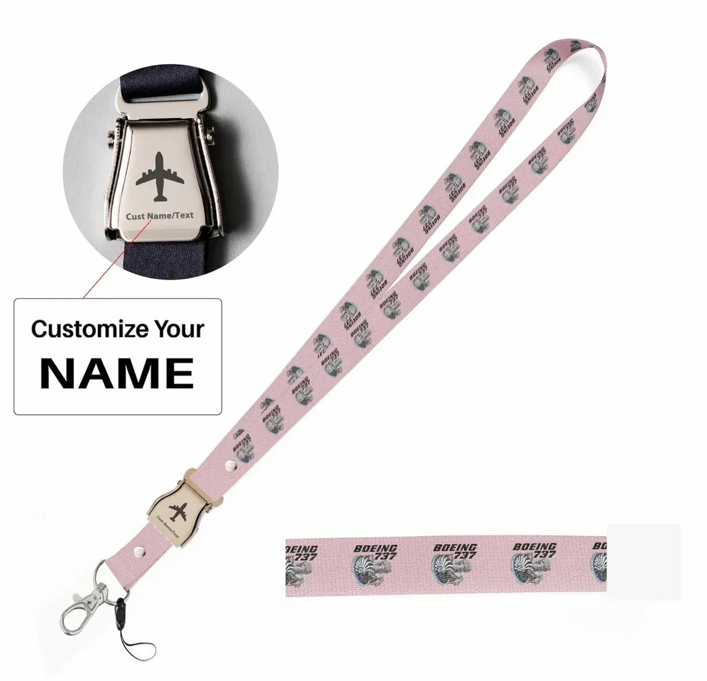 Boeing 737+Text & CFM LEAP-1 Engine seat belt lanyard - pink with name