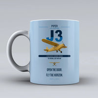 Thumbnail for Piper J-3 Cub design on light blue ceramic mug, double-side print