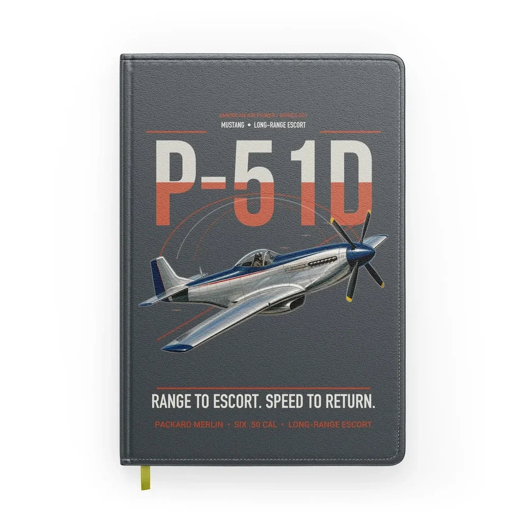 P-51D Mustang design on gray notebook