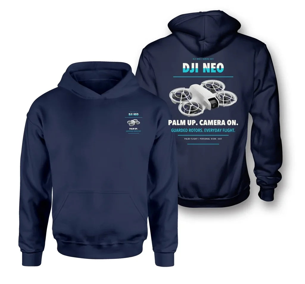DJI Neo design on navy blue hoodie