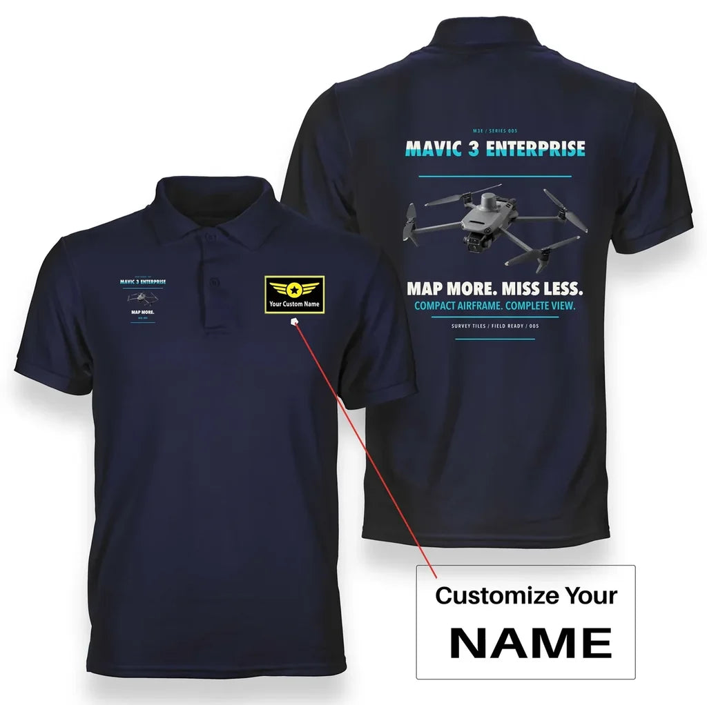 DJI Mavic 3 Enterprise design on navy blue polo with custom name badge