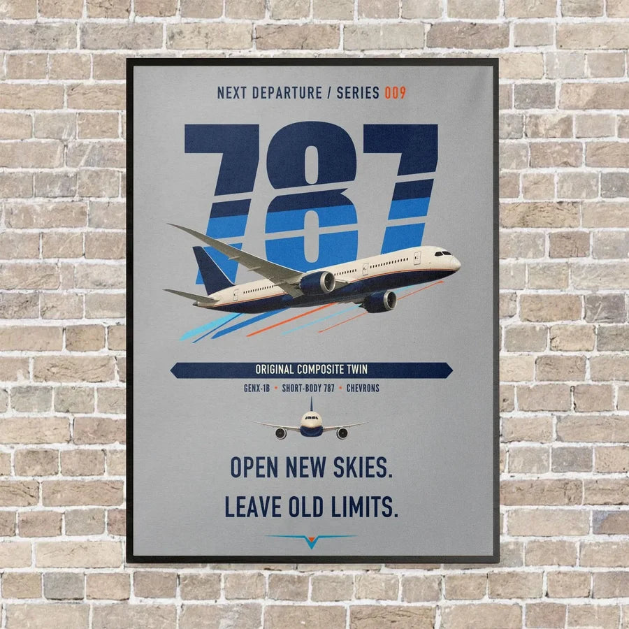Boeing 787-8 Dreamliner vertical canvas print - framed - light gray background