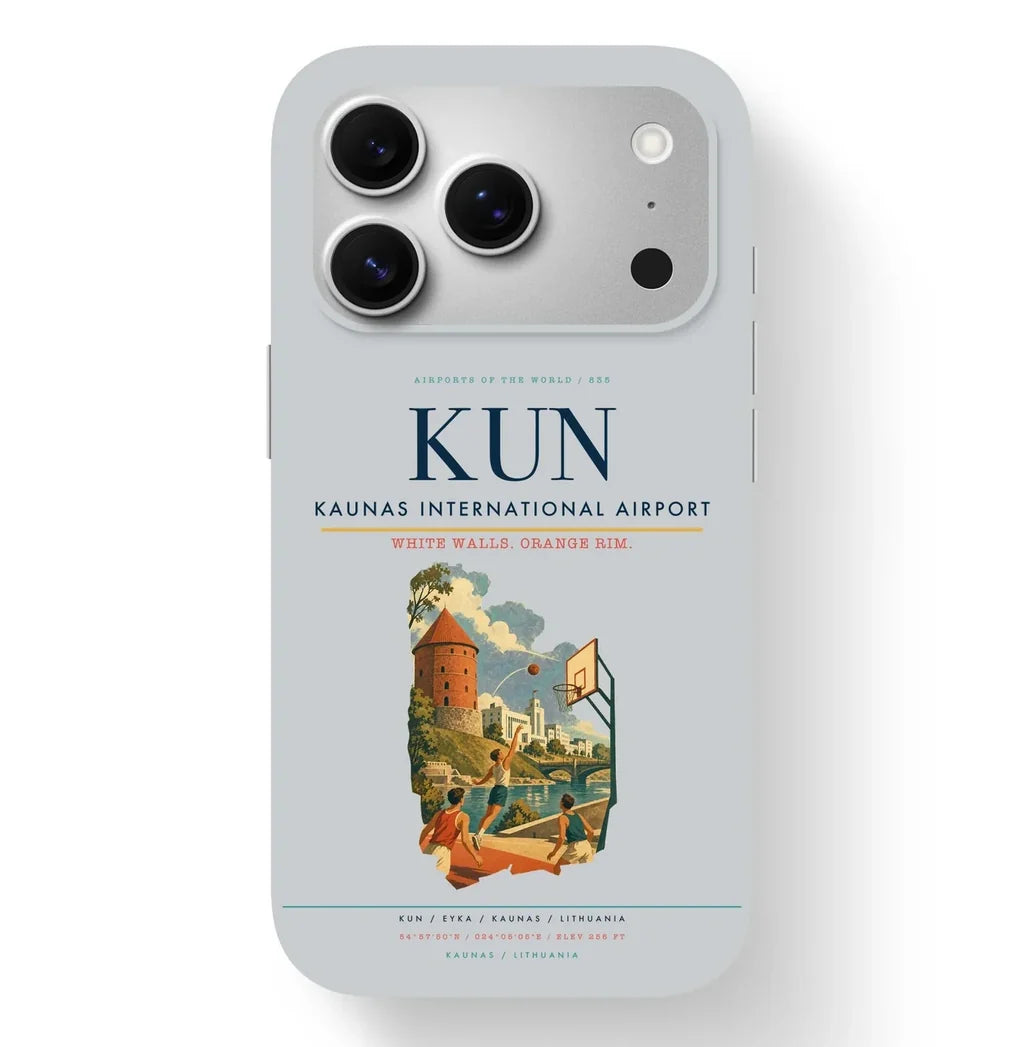 Kaunas Airport (KUN) design on light gray iPhone 17 Pro MagSafe case