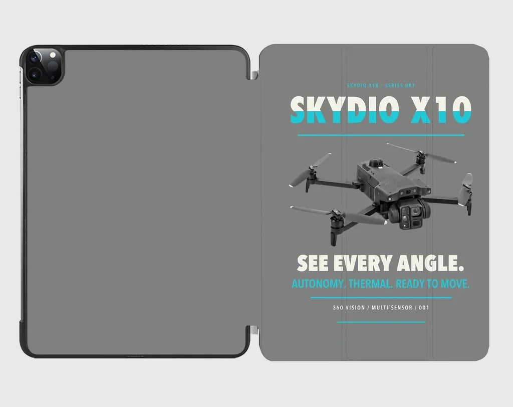 Skydio X10 design on gray ipad tablet case
