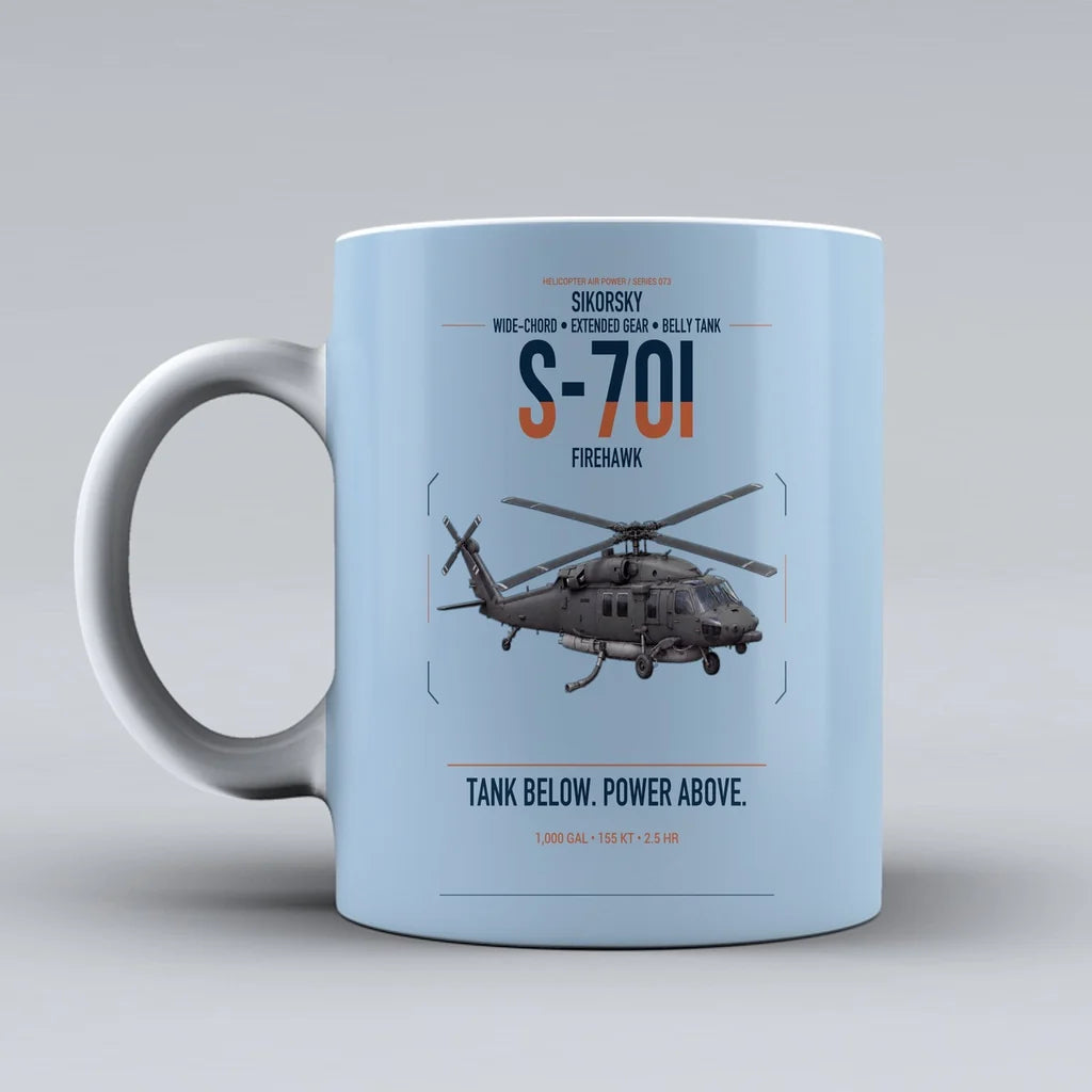 Sikorsky S-70i FIREHAWK design on light blue ceramic mug, double-side print
