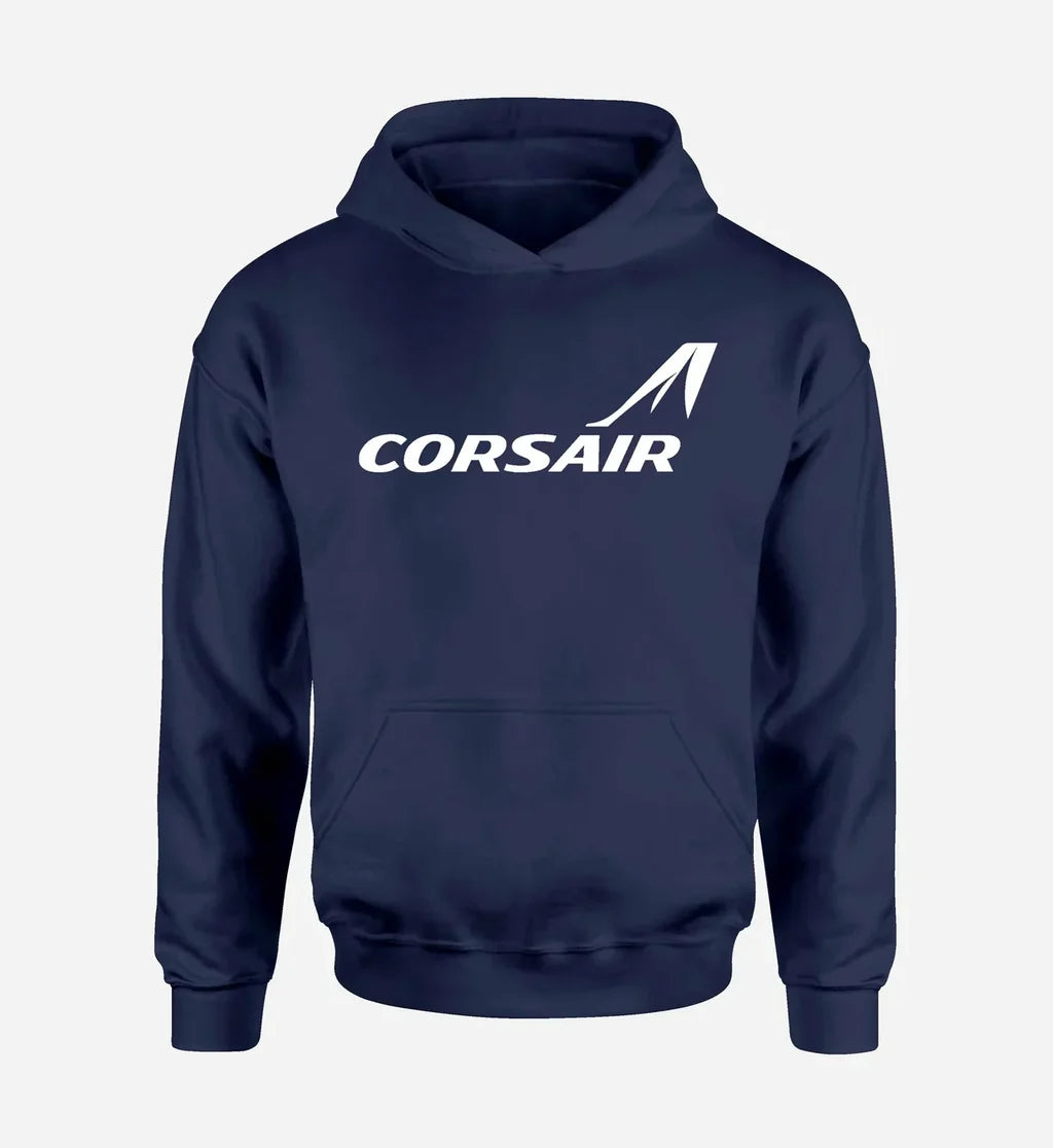Corsair Airlines logo printed on navy blue hoodie