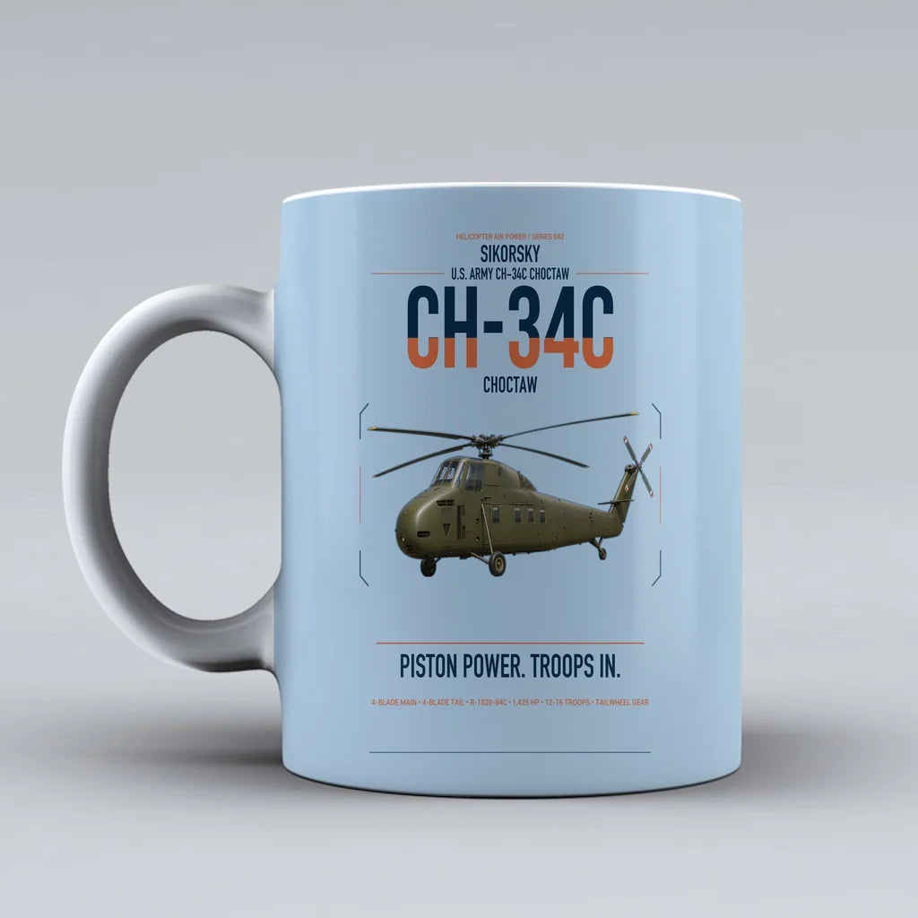 Sikorsky CH-34C Choctaw design on light blue ceramic mug, double-side print