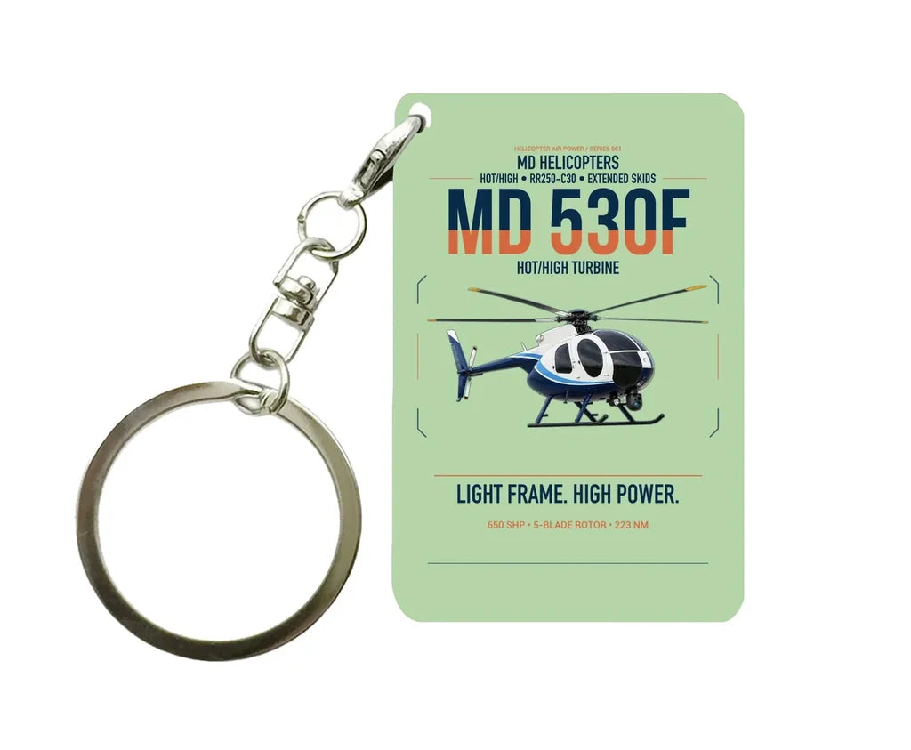 MD Helicopters MD 530F design on light green designed key chain, double-side print
