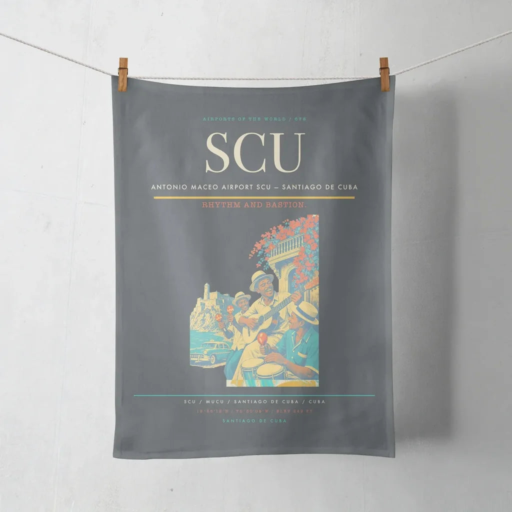 Antonio Maceo Airport (SCU) design on gray towel