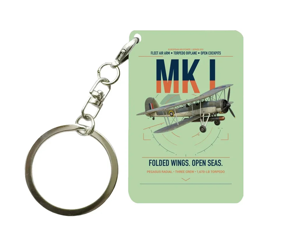 Fairey Swordfish Mk I design on light green designed key chain, double-side print
