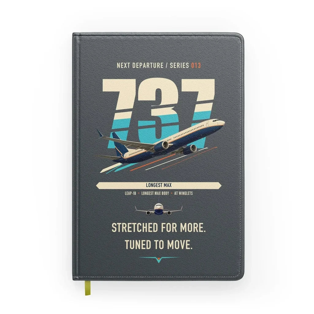 Boeing 737 MAX 10 design on gray notebook