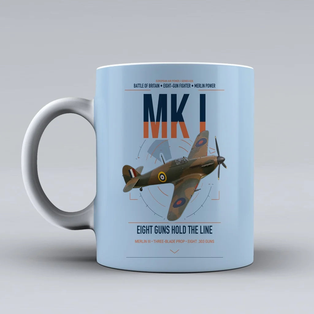 Hawker Hurricane Mk I design on light blue ceramic mug, double-side print