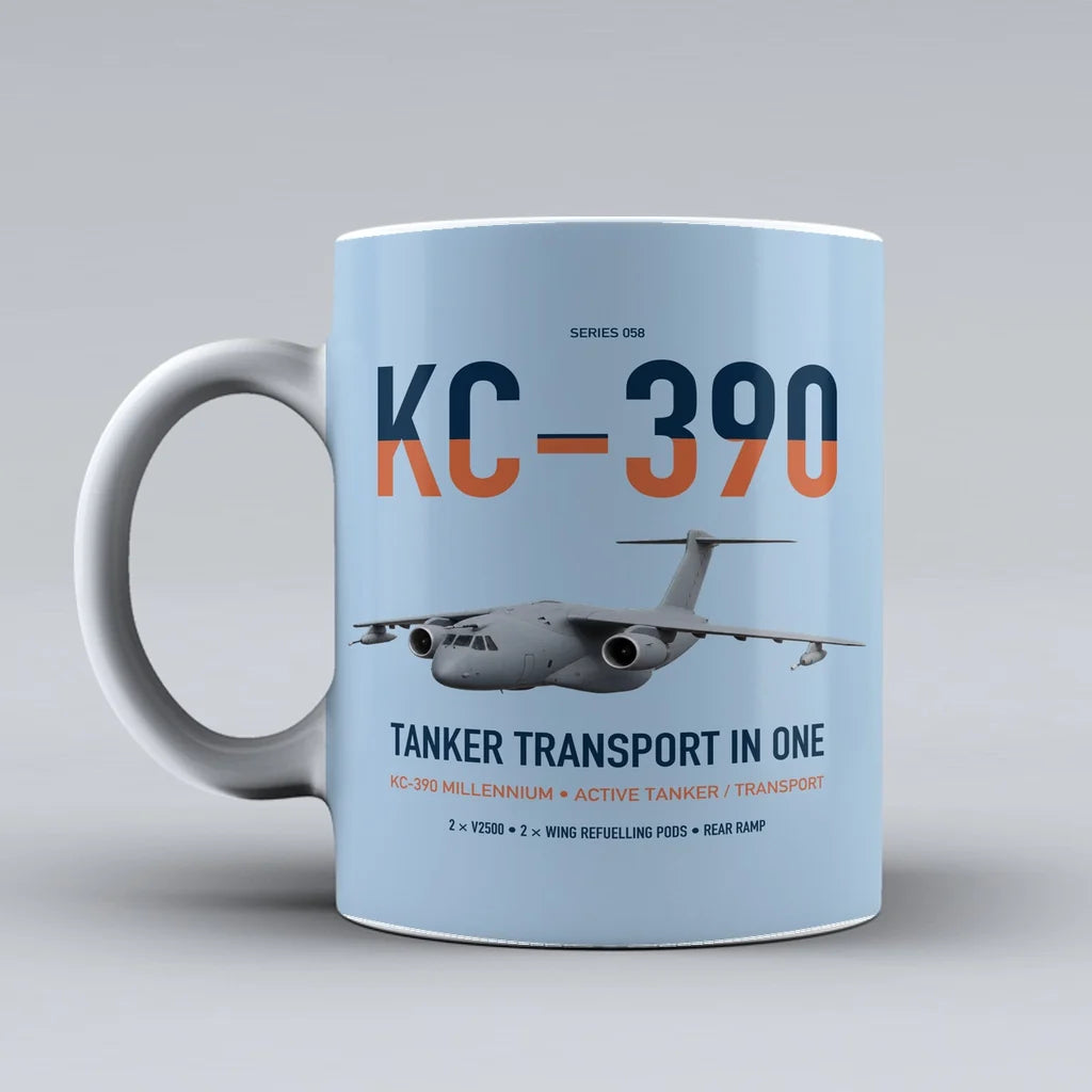 Embraer KC-390 Millennium design on light blue ceramic mug, double-side print