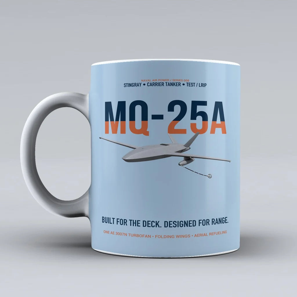 MQ-25A STINGRAY design on light blue ceramic mug, double-side print