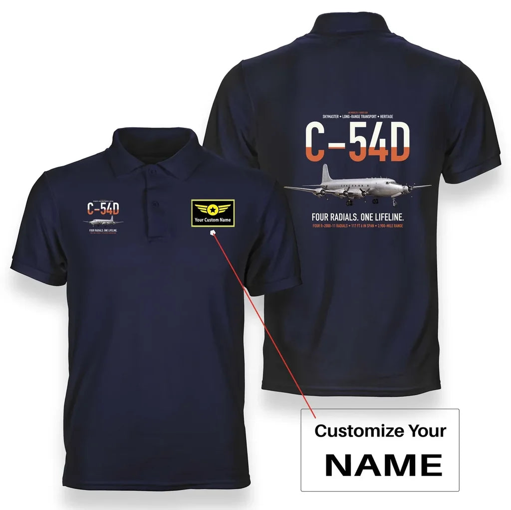 C-54D Skymaster design on navy blue+name double-side polo t-shirt, double-side print