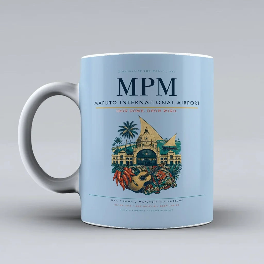 International Airport MPM Mug design on light blue maputo
