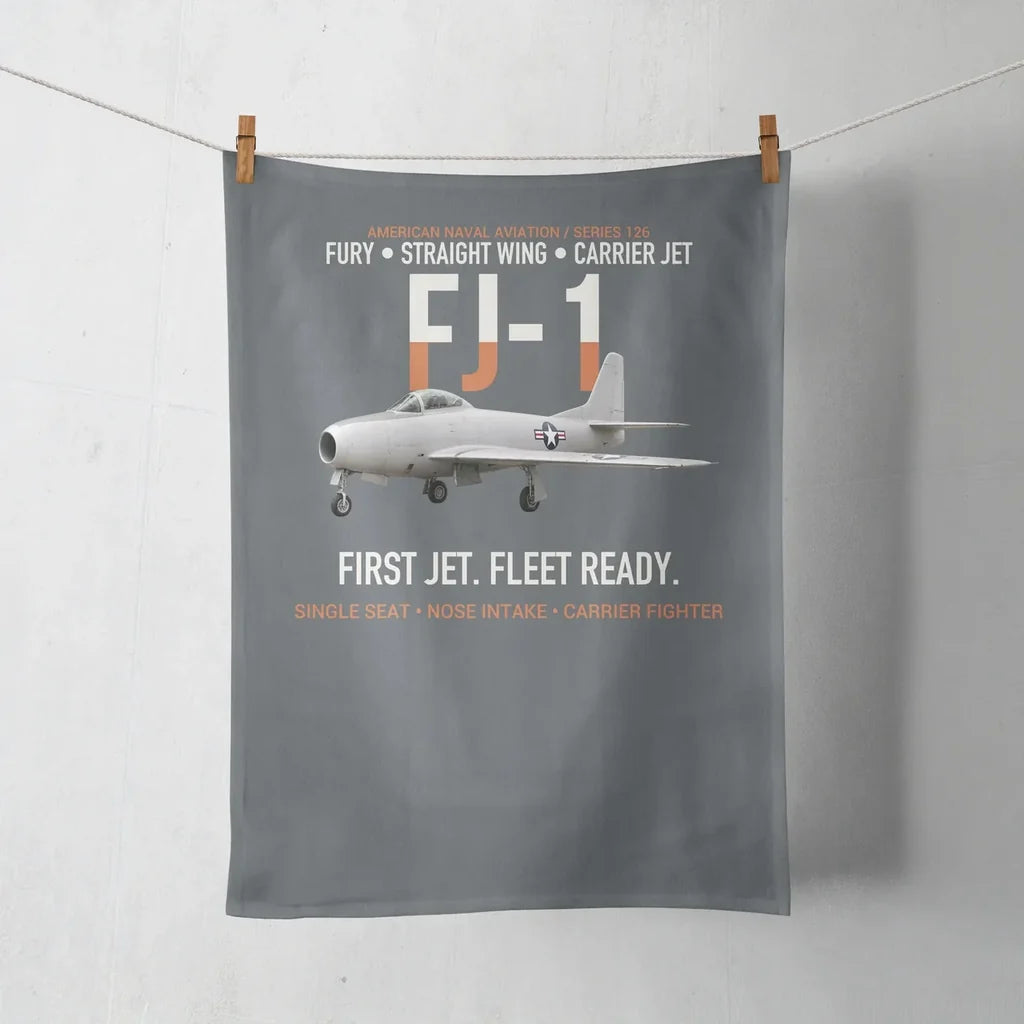 FJ-1 Fury First Fury Straight Wing design on gray towel