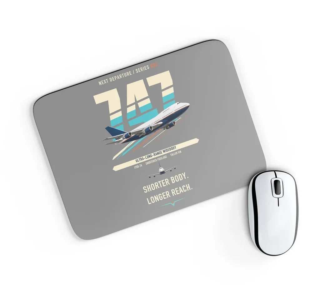 Boeing 747SP design on gray rectangle mouse pad