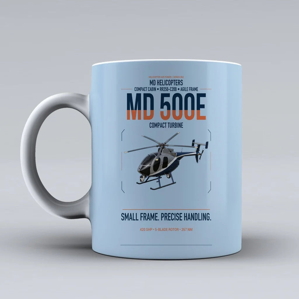 MD Helicopters MD 500E design on light blue ceramic mug, double-side print