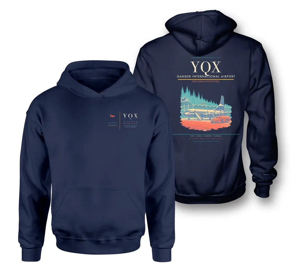 Gander International Airport (YQX) design on navy blue double-side hoodie