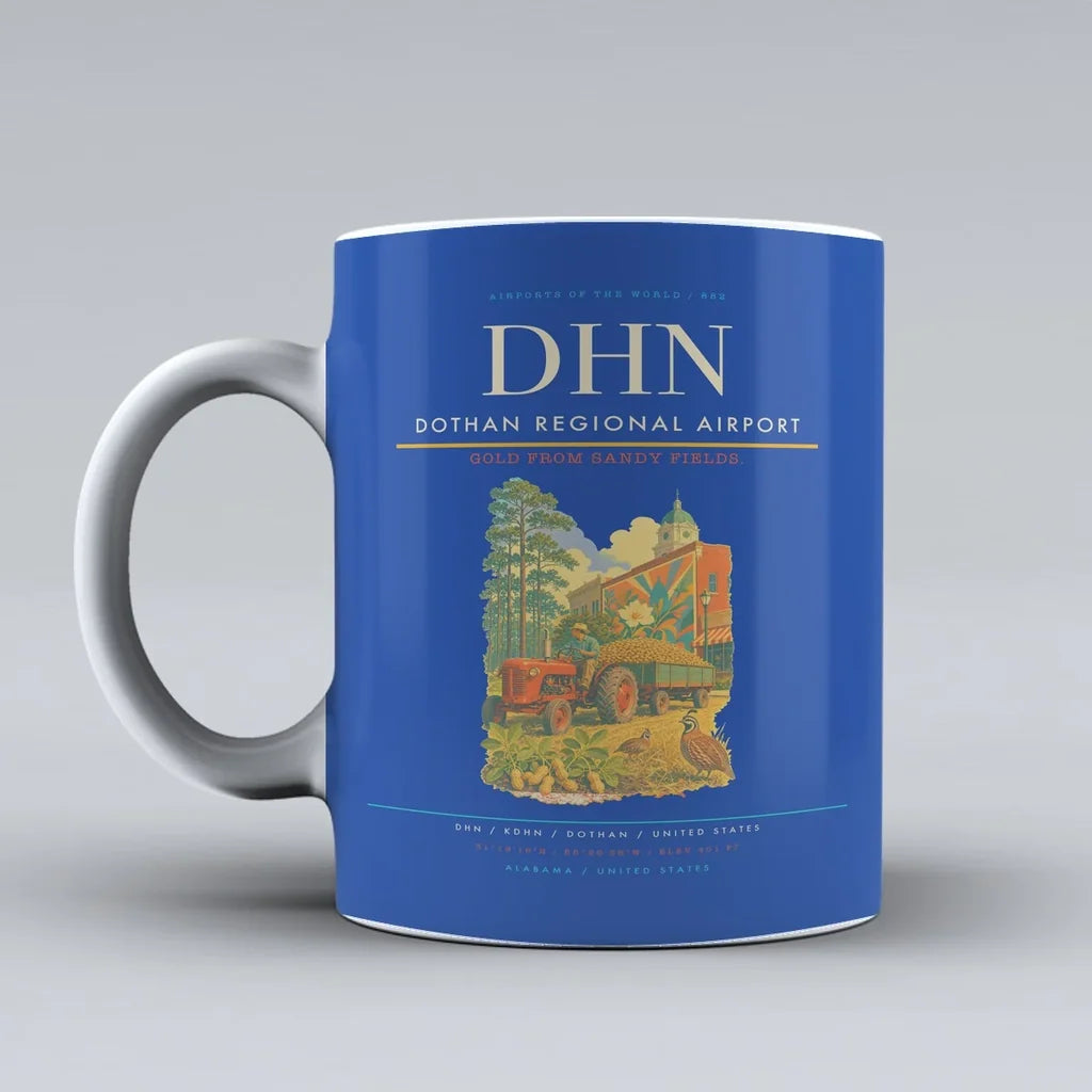 Dothan Regional Airport (DHN) airport code design on blue ceramic mug