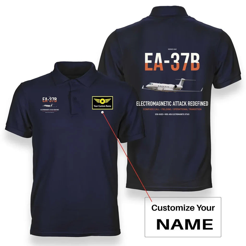 EA-37B Compass Call design on navy blue+name double-side polo t-shirt, double-side print