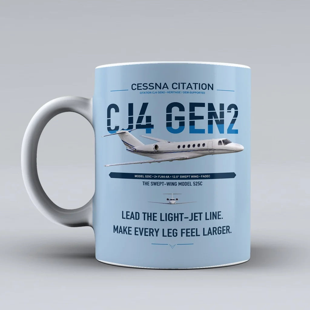 Cessna Citation CJ4 Gen2 design on light blue ceramic mug, double-side print