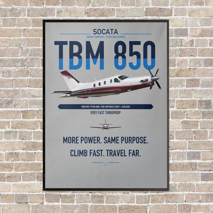 Socata TBM 850 vertical canvas print - framed - light gray background