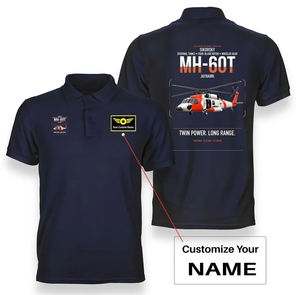 Sikorsky MH-60T Jayhawk design on navy blue+name double-side polo t-shirt, double-side print