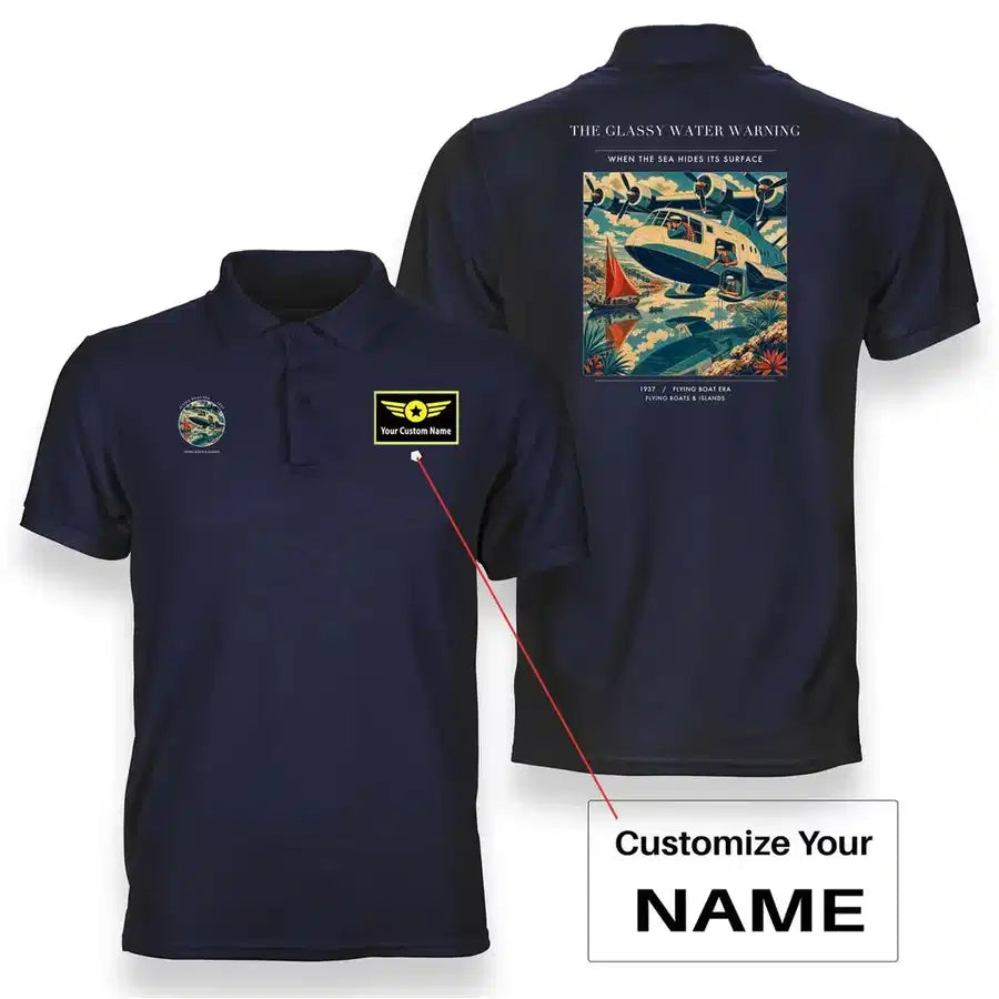 VINTAGE G4280 - The Glassy Water Warning - Double-Side Polo T-Shirt design on navyblue+name
