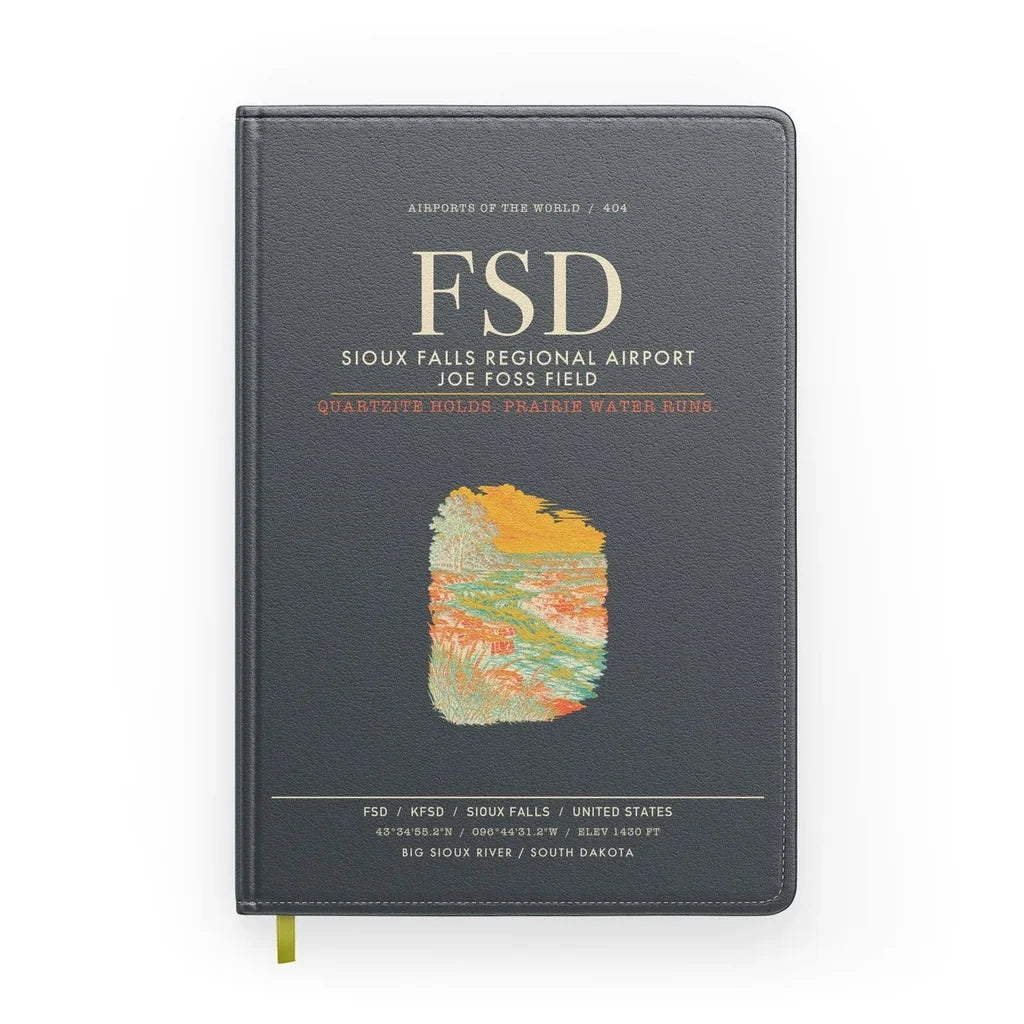 Sioux Falls Regional Airport Joe Foss Field (FSD) design on gray notebook