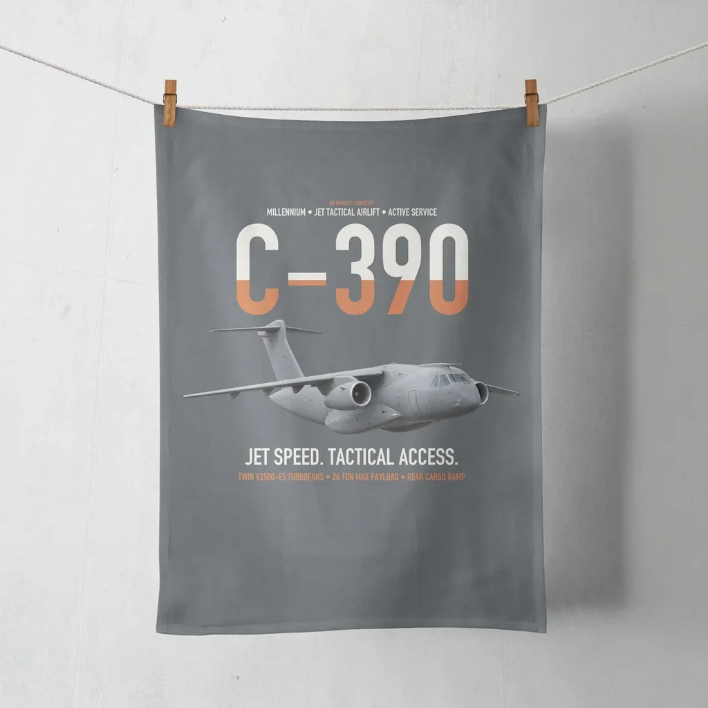 C-390 Millennium design on gray towel