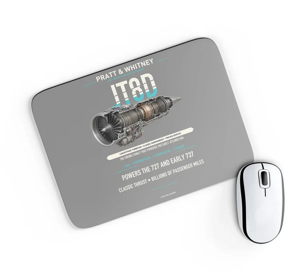 JT8D design on gray rectangle mouse pad