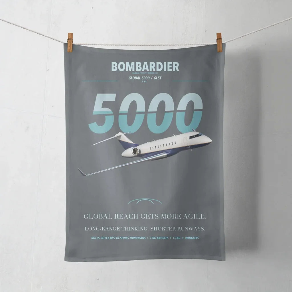 Bombardier Global 5000 design on gray towel