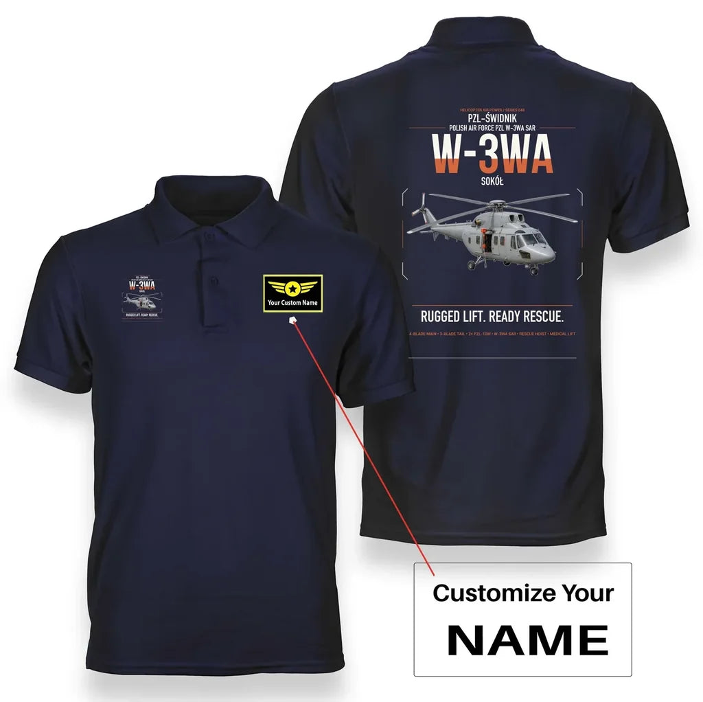 PZL-Świdnik W-3WA Sokół design on navy blue+name double-side polo t-shirt, double-side print