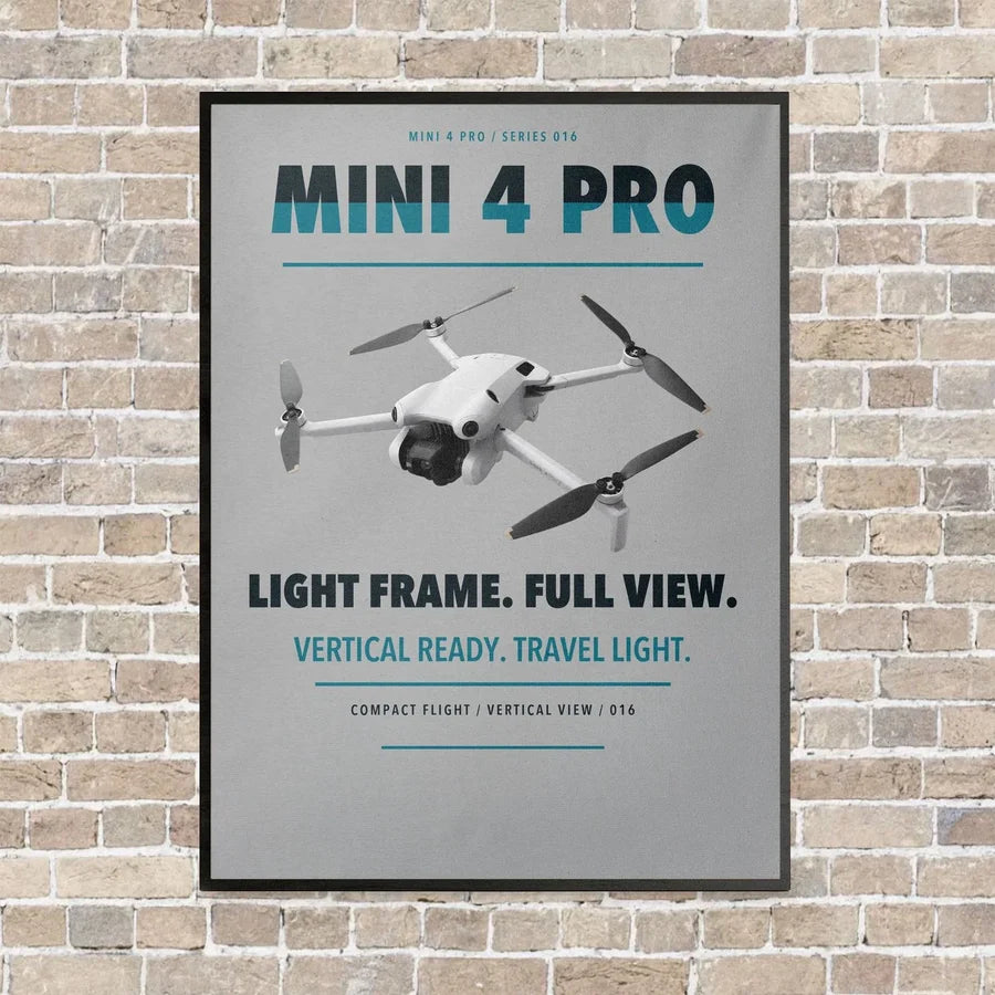 DJI Mini 4 Pro vertical canvas print - framed - light gray background