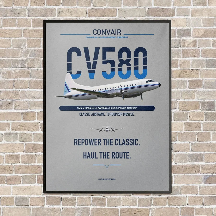Convair 580 vertical canvas print - framed - light gray background