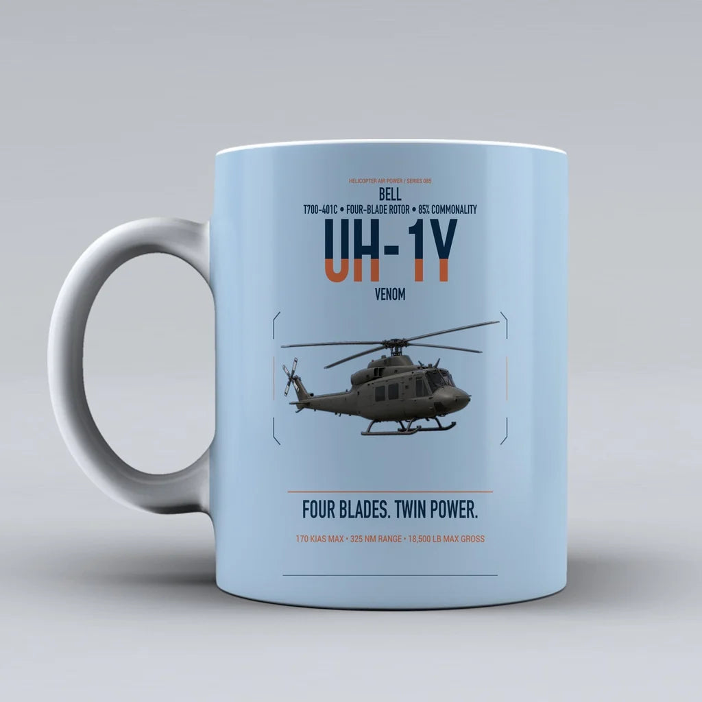 Bell UH-1Y Venom design on light blue ceramic mug, double-side print