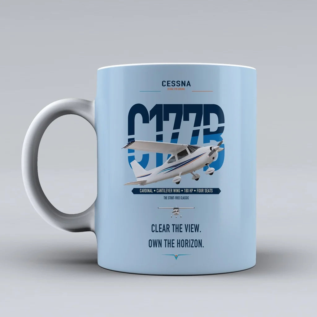 Cessna 177B Cardinal design on light blue ceramic mug, double-side print